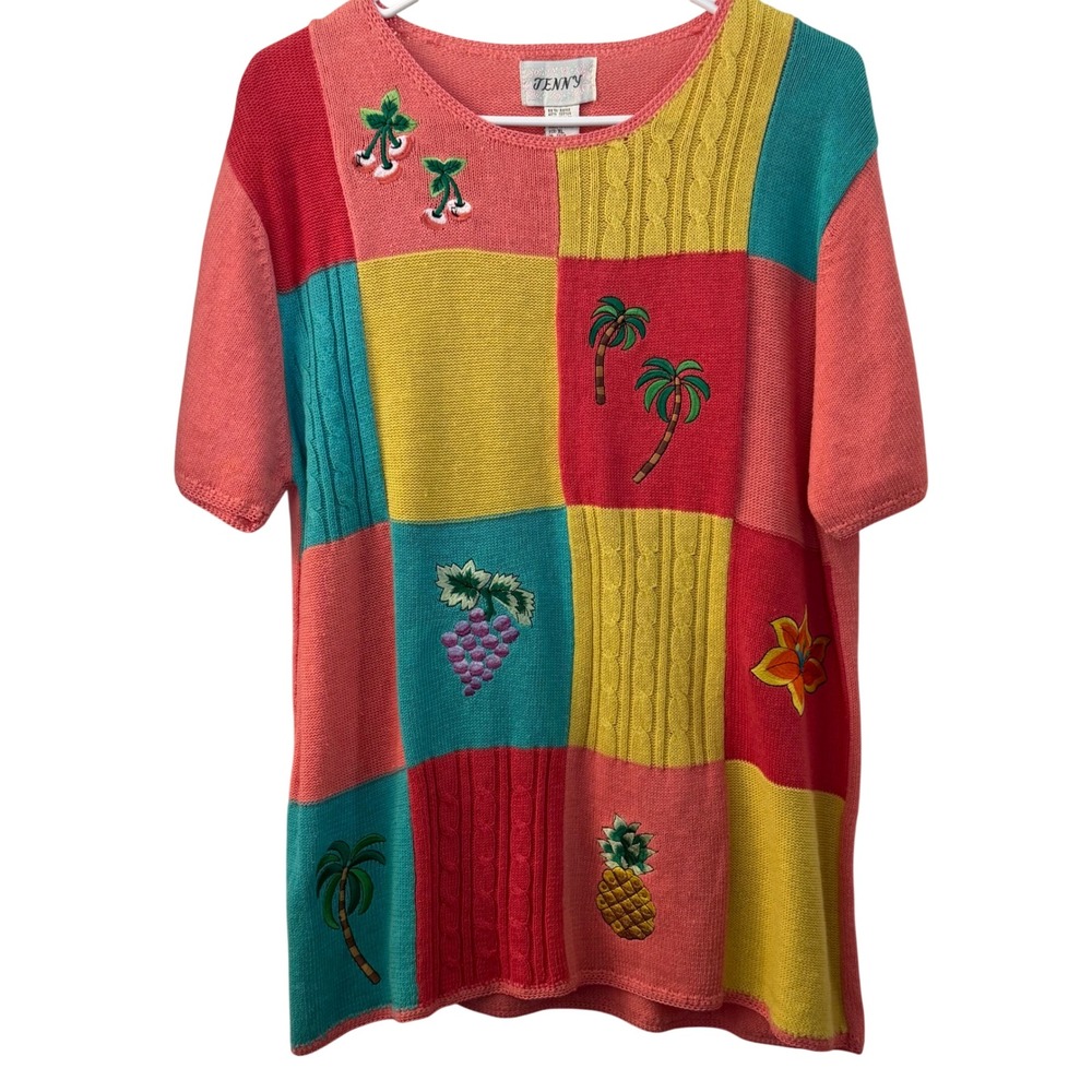 Jenny‎ Vintage XL Short Sleeve Patchwork Knit Sweater Embroidered Fruit Tropical